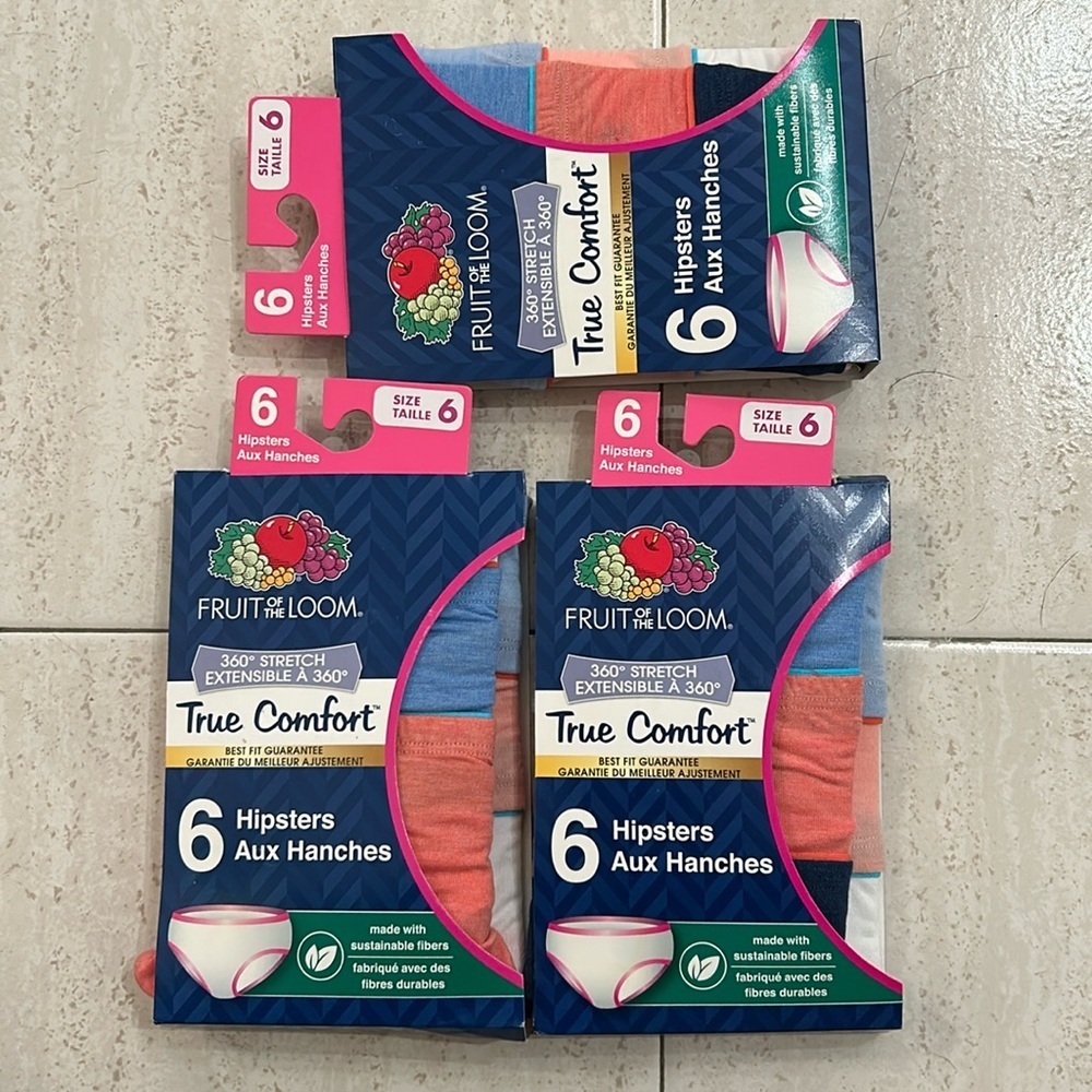 NWT of three 6-hipster packs (18 total) Fruit of the Loom size 6